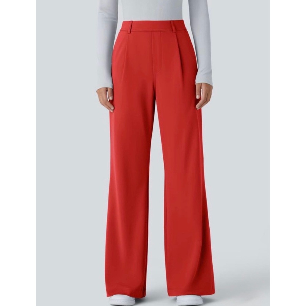 Halara Red Wide Leg Pleated High Rise Trousers Pants Tall Size L Career Stretch